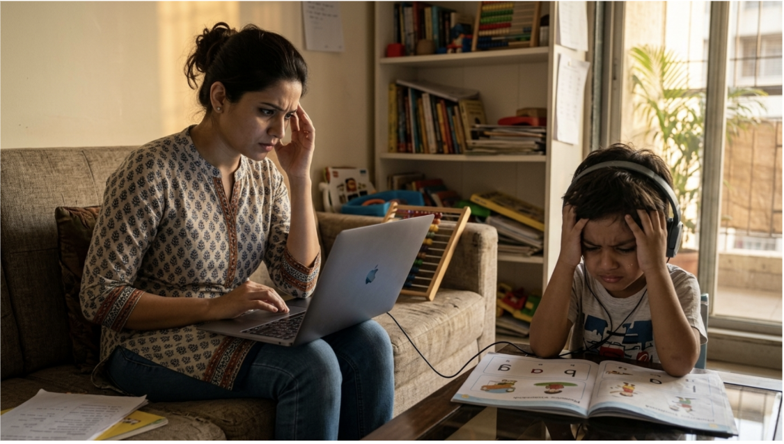 A smiling mother and her young child enjoying an online Saheli phonics class on a laptop at home, with Saheli Phonics books on the table.
