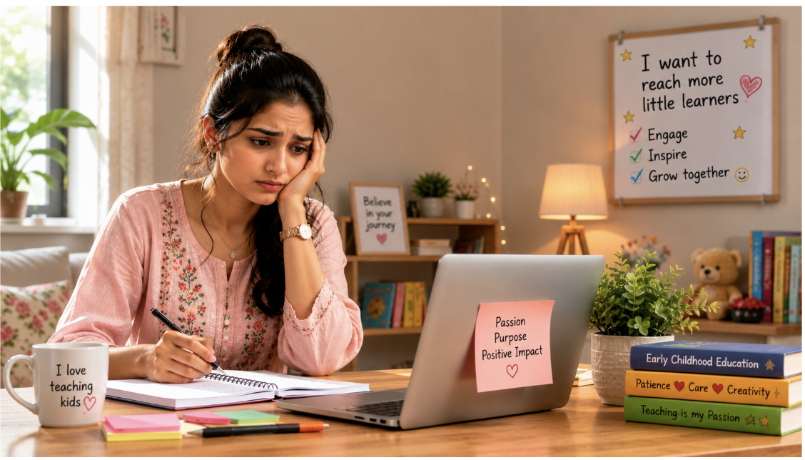 A women phonics teacher conducting a live online class with young learners on a screen, with Saheli early-childhood phonics books on the table.