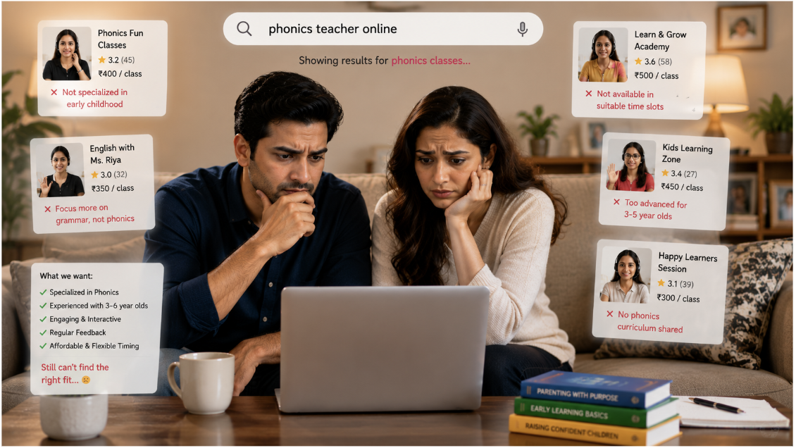 A happy Mumbai family with their young daughter joining an online phonics class with a smiling specialist phonics teacher on a laptop.