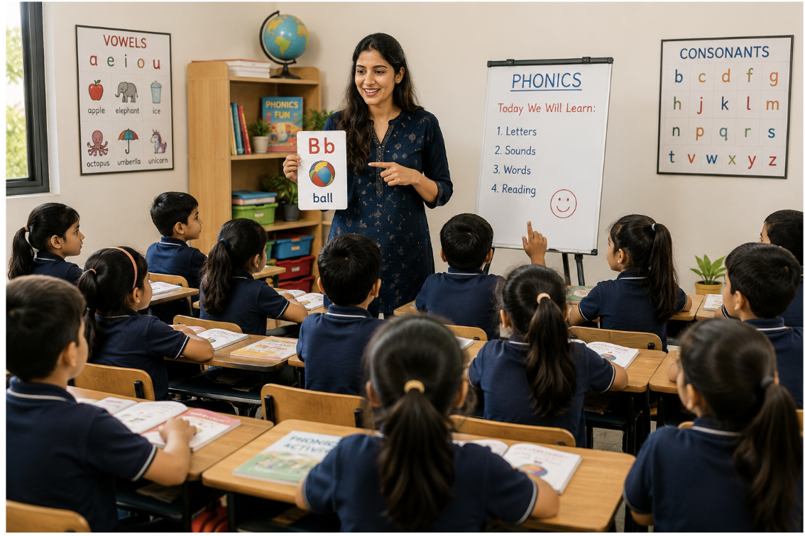 A qualified woman phonics teacher conducting an interactive phonics class with young children using flashcards and a whiteboard in a bright classroom.